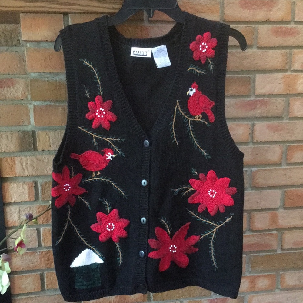 VTG CAPACITY Black Embroidered Crochet Poinsettia Cardinals Christmas Vest M